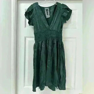 Pepe Jeans Y2K Emerald Green 100% Silk Cinched Waist Short‎ Sleeve Dress Size S